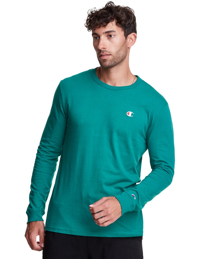 Champion Mens T-Shirt NZ - Long-Sleeve Lightweight C Logo Turquoise ( 6193-PRXJL )